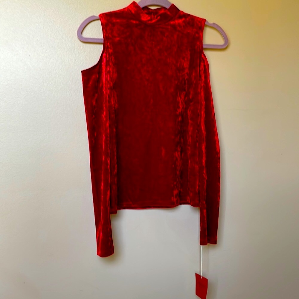 NWT Red Crushed Velvet Long Sleeve Open Cold Shoulder Top